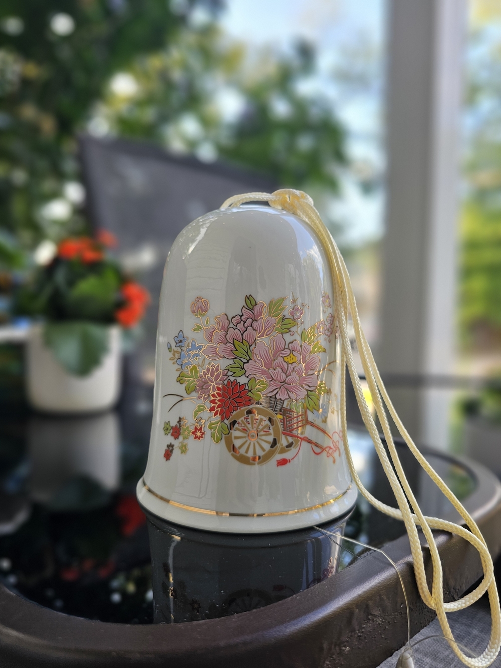 Vintage 1980s Ceramic Wind Chime Bell Flower Garden Cart Peonies Gold Trim